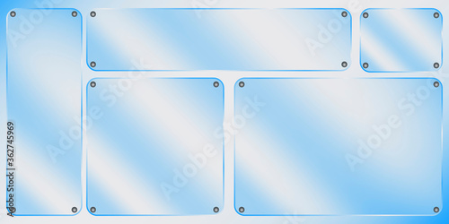Sign of glossy plexiglass. Acrylic plaque from plexi. Rectangular glass texture. Realistic blank panel on a blue background. Vector image. Stock Photo.