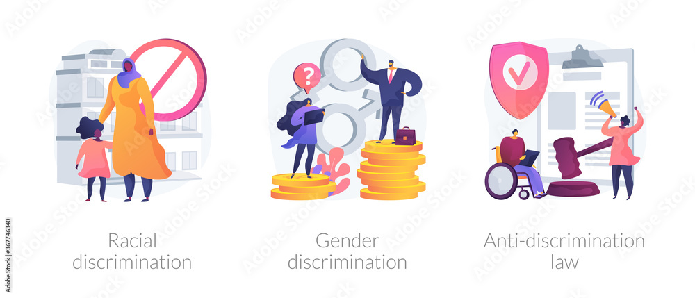 Civil rights violation abstract concept vector illustration set. Police violence, gender discrimination, anti-discrimination law, mass protest, police brutality, gender roles abstract metaphor.