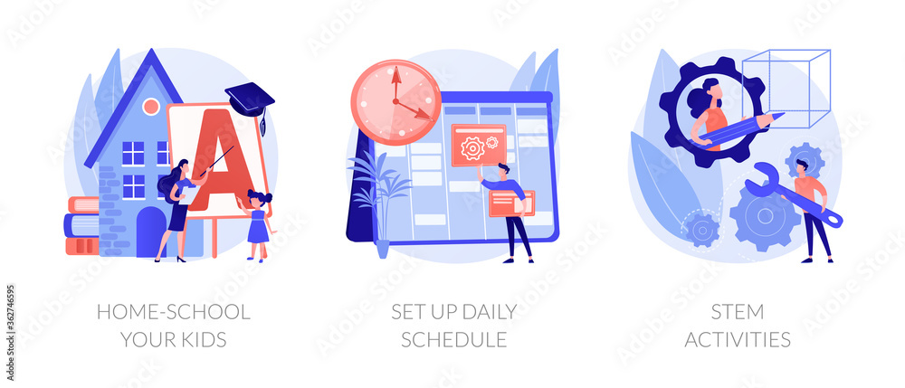 Fototapeta premium Remote home education abstract concept vector illustration set. Home-school your kids, set up daily schedule, STEM activities, quarantine learning daily routine, study calendar abstract metaphor.