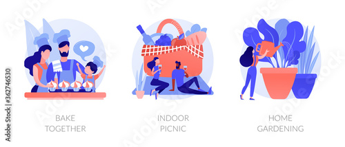 Family fun during quarantine abstract concept vector illustration set. Bake together, indoor picnic, home gardening, baking with children, eco gardening, indoor activities ideas abstract metaphor.