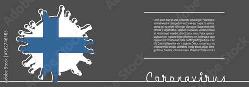 Abstract virus silhouette and Coronavirus text in thin line style. Coronavirus virus danger relative illustration. Medical research theme. Virus epidemic alert. Flag of the Finland