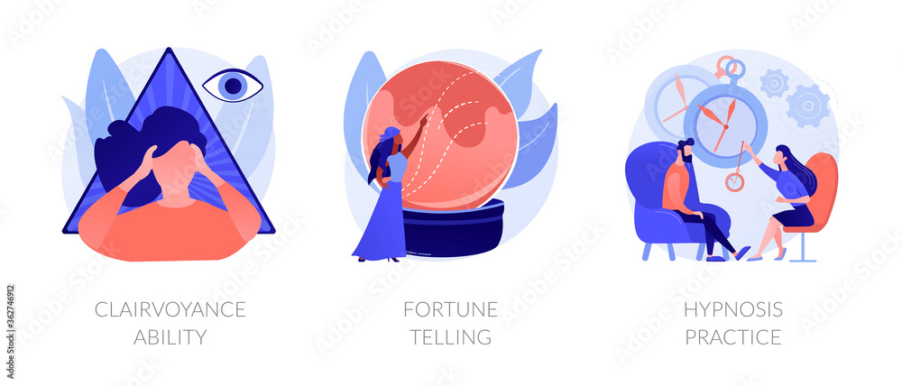 Alternative spiritual practices abstract concept vector illustration set. Clairvoyance ability, fortune telling, hypnosis practice, extrasensory ability, tarot reading services abstract metaphor. Alternative spiritual practices abstract concept vector illustration set. Clairvoyance ability, fortune telling, hypnosis practice, extrasensory ability, tarot reading services abstract metaphor.