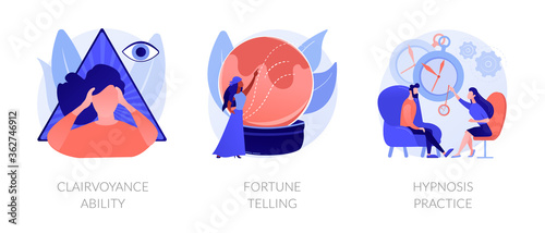 Alternative spiritual practices abstract concept vector illustration set. Clairvoyance ability, fortune telling, hypnosis practice, extrasensory ability, tarot reading services abstract metaphor.