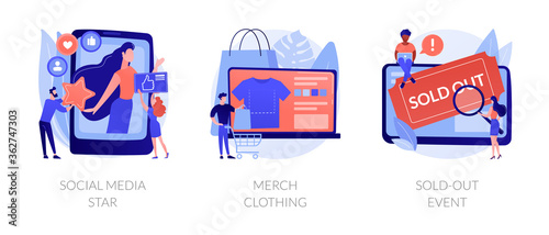 Celebrity media engagement abstract concept vector illustration set. Social media star, merch clothing, sold-out event, account monetization, branded design, show overbooking abstract metaphor.