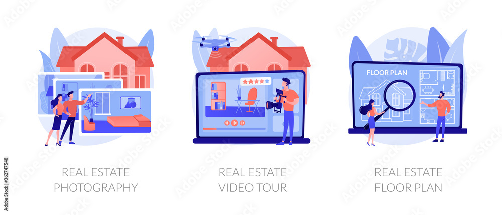 Real estate listing services abstract concept vector illustration set. Real estate photography, video tour and floor plan, realty agency advertisement, open house, virtual staging abstract metaphor.