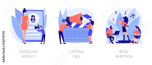 Fashion and movie industry abstract concept vector illustration set. Modeling agency, casting call, role audition, commercial shootings, brand advertising, talent search, interview abstract metaphor.