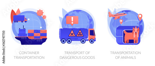 Freight distribution. Hazardous cargo shipment. Container transportation, transport of dangerous goods, transportation of animals metaphors. Vector isolated concept metaphor illustrations.