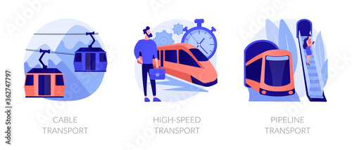 Long distance passenger vehicles cartoon icons set. Public subway. Cable transport, high-speed transport, pipeline transport metaphors. Vector isolated concept metaphor illustrations.