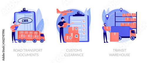 Goods import legal permission metaphors. Road transport document, custom clearance, transit warehouse. Product export and distribution abstract concept vector illustration set.