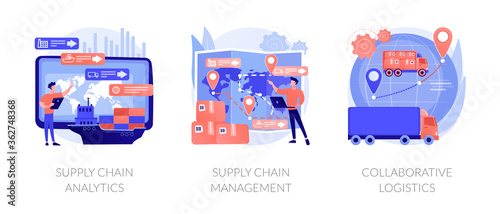 Logistics operations control, delivery service administration. Supply chain analytics, supply chain management, collaborative logistics metaphors. Vector isolated concept metaphor illustrations. photo