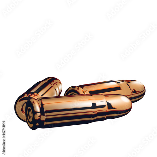 Composition from Three 3d golden or brass pistol cartridges. Isolated realistic on white background. Isolated gold cartridge with a bullet cartoon. Handgun ammo. Vector illustration.