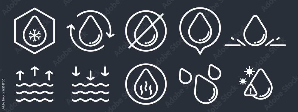 Water drop. Water set in modern line style. High quality black outline drop symbols for web site design and mobile apps. Simple water pictograms on a flat background.