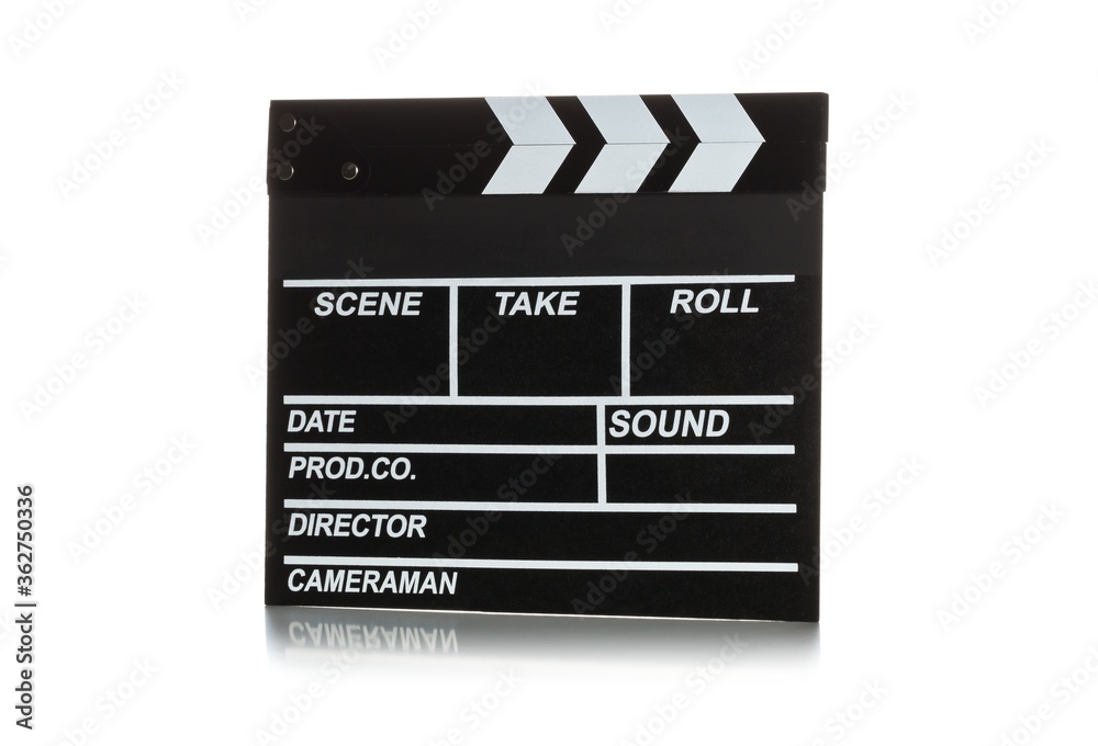 Naklejka premium Single, black, closed movie clapper or clapper-board on white background
