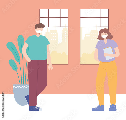 covid 19 coronavirus social distancing prevention, man and woman maintain a distance measures protection, people with medical face mask