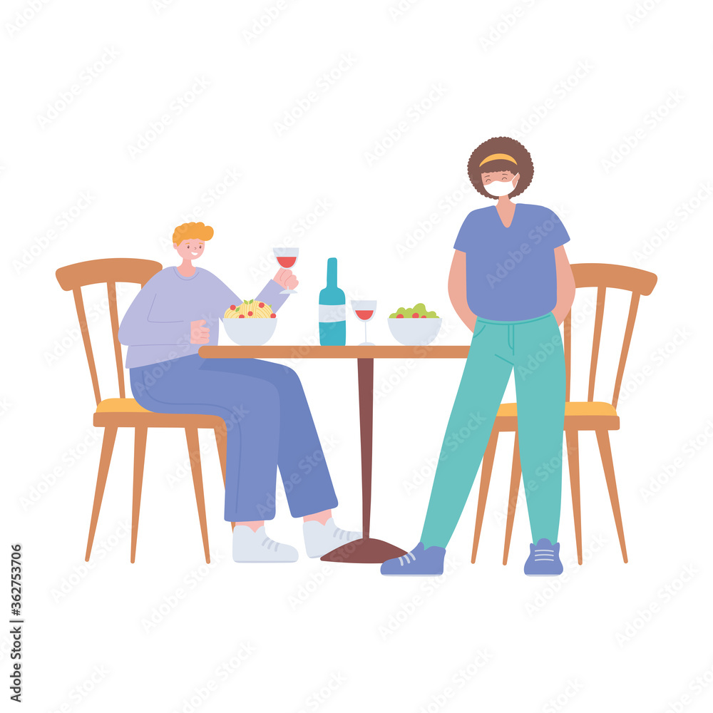 restaurant social distancing, separate customers during lunch, covid 19 pandemic, prevention of coronavirus infection restaurant social distancing, separate customers during lunch, covid 19 pandemic, prevention of coronavirus infection