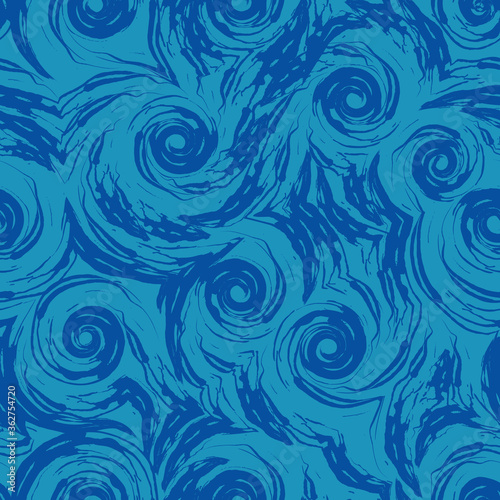 Seamless vector pattern of turquoise spirals and abstract shapes on a blue background. The texture of the swirl of the sea or the current, curls of swirls and waves.