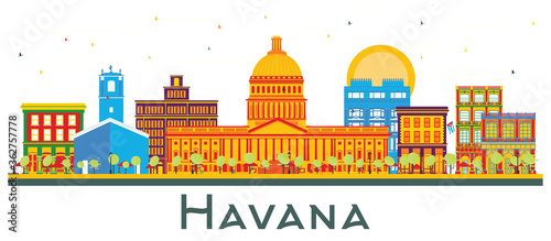 Havana Cuba City Skyline with Color Buildings Isolated on White.