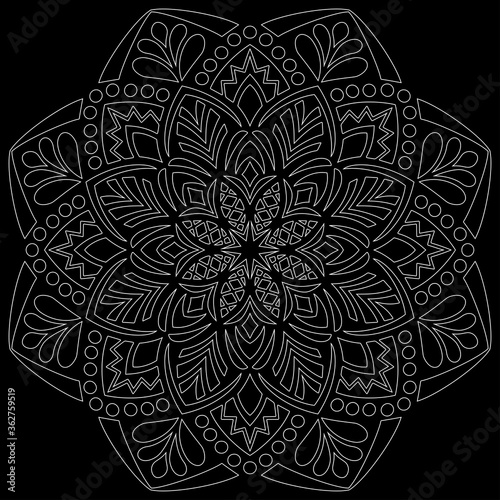 White outline mandala on a black doodles sketch