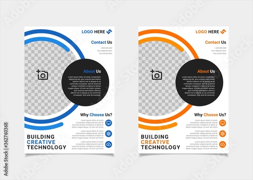 Business flyer template vector design, A4 brochure template blue and amber geometry shapes used for business poster layout, IT Company flyer, corporate banners, and leaflets
