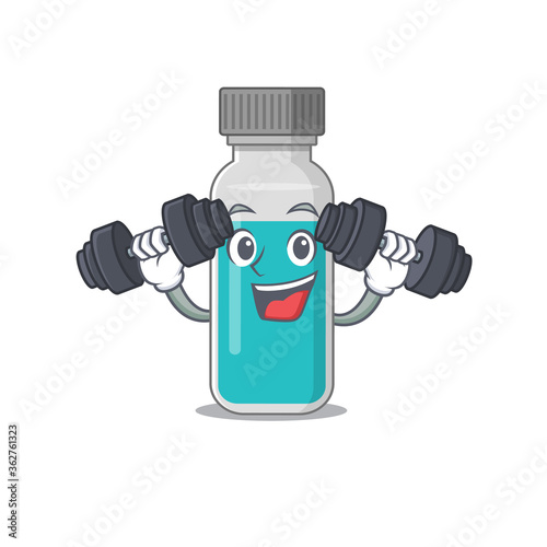 Muscular medical test bottle mascot design with barbells during exercise