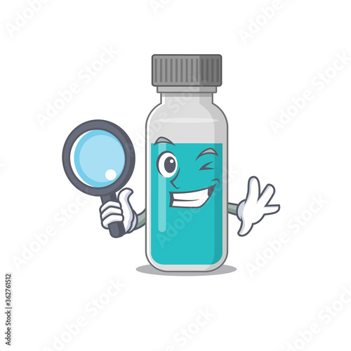 cartoon mascot design of medical test bottle super Detective breaking the case using tools