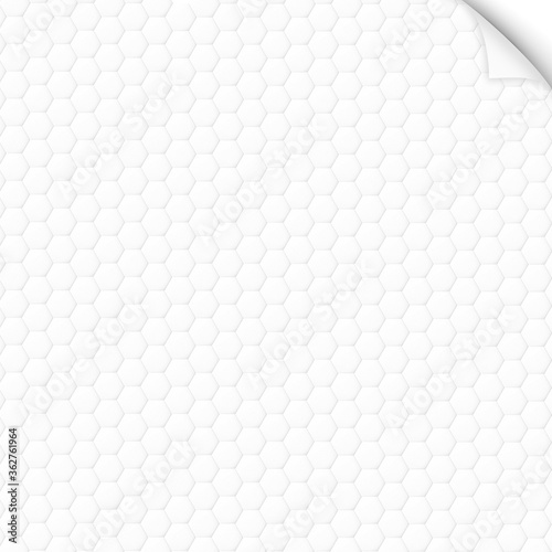 White and light gray hexagonal pattern with curled corner of paper. Abstract high resolution full frame background.
