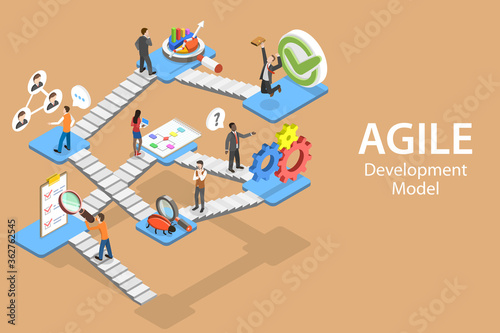 Isometric Flat Vector Concept of Agile Software Development Methodology With Main Steps: Requirements, Design, Development, Testing, Customer Collaboration, Review, Product Launch.