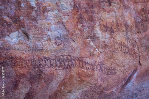 Aboriginal paintings on the rock. Walls under the shade at Elsey national park, Victoria river, Northern Territory NT, Australia