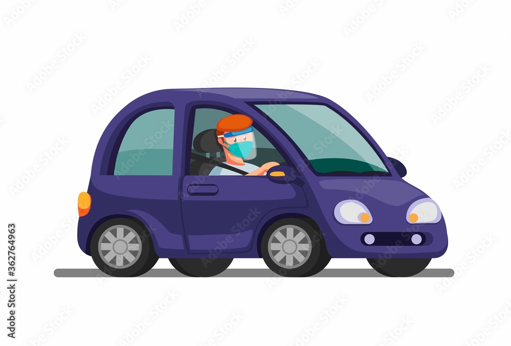 Man riding car wear mask and face shield. drive thru, and rapid test symbol in new normal activity. concept in cartoon illustration vector on white background Man riding car wear mask and face shield. drive thru, and rapid test symbol in new normal activity. concept in cartoon illustration vector on white background