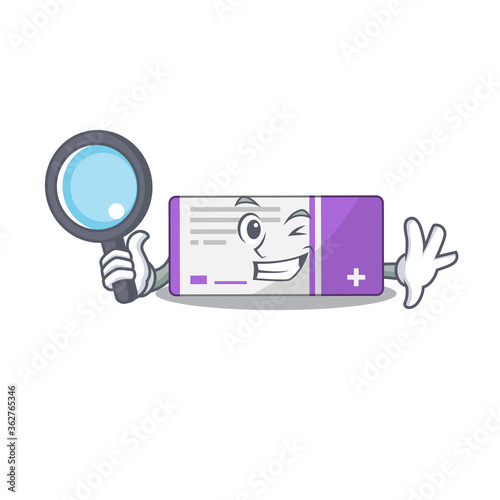 cartoon mascot design of medicine box super Detective breaking the case using tools