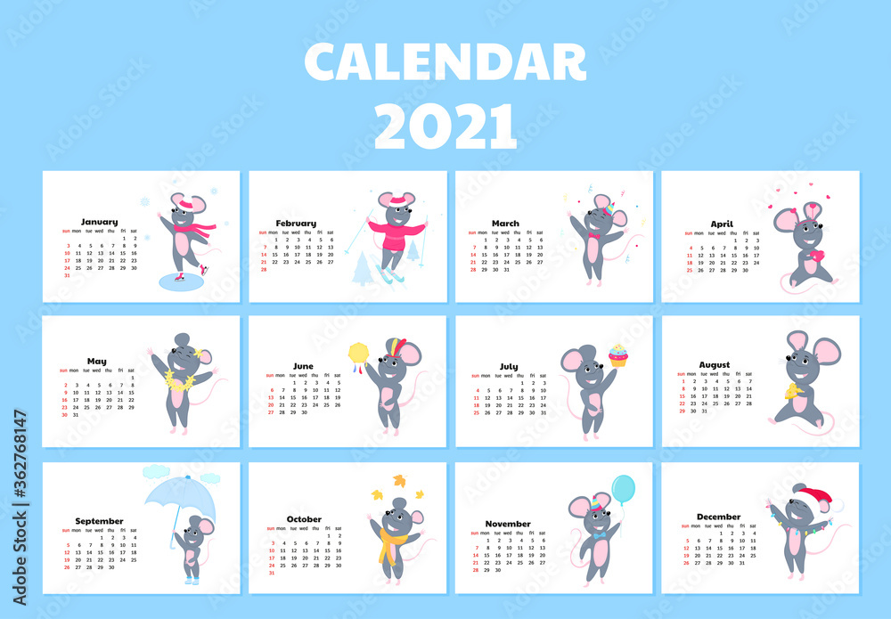 Calendar for 2021 from Sunday to Saturday. Cute rats in different costumes. Mouse cartoon character. Funny animal.