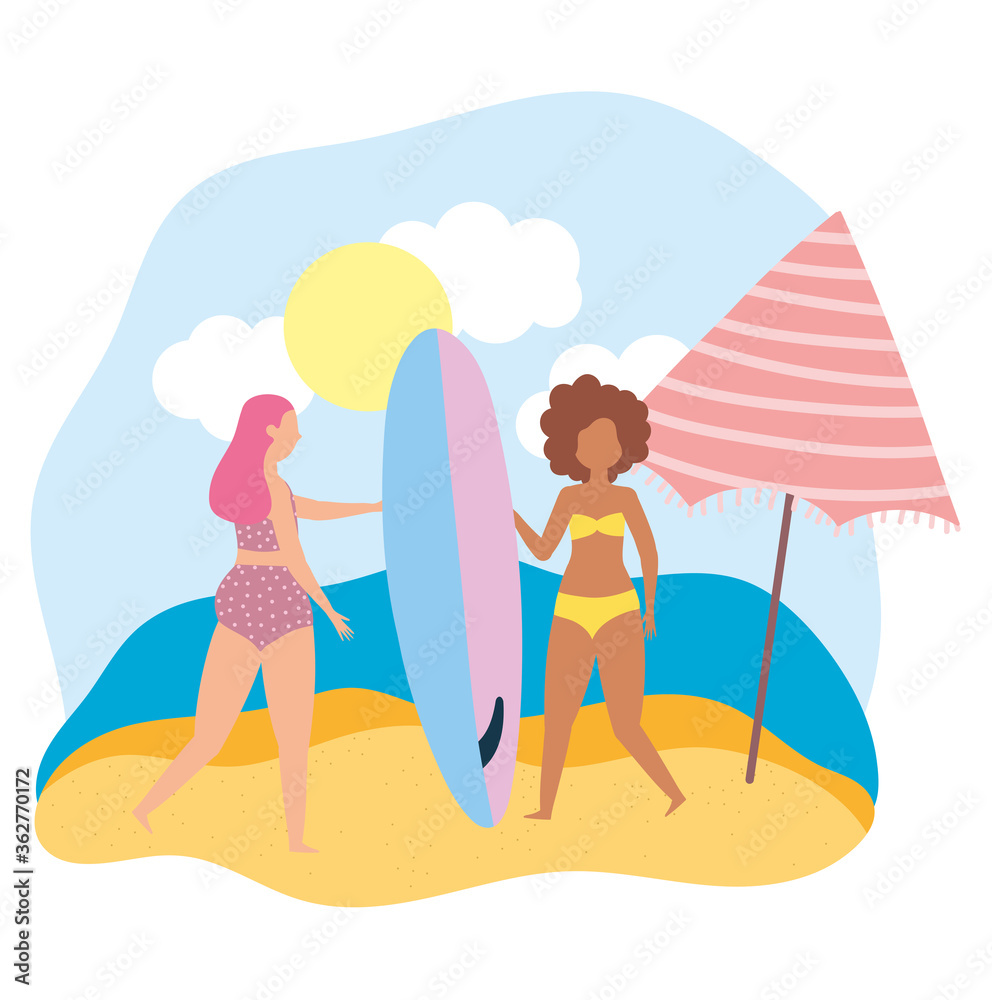 summer people activities, girls with swimwear surfboard and umbrella, seashore relaxing and performing leisure outdoor