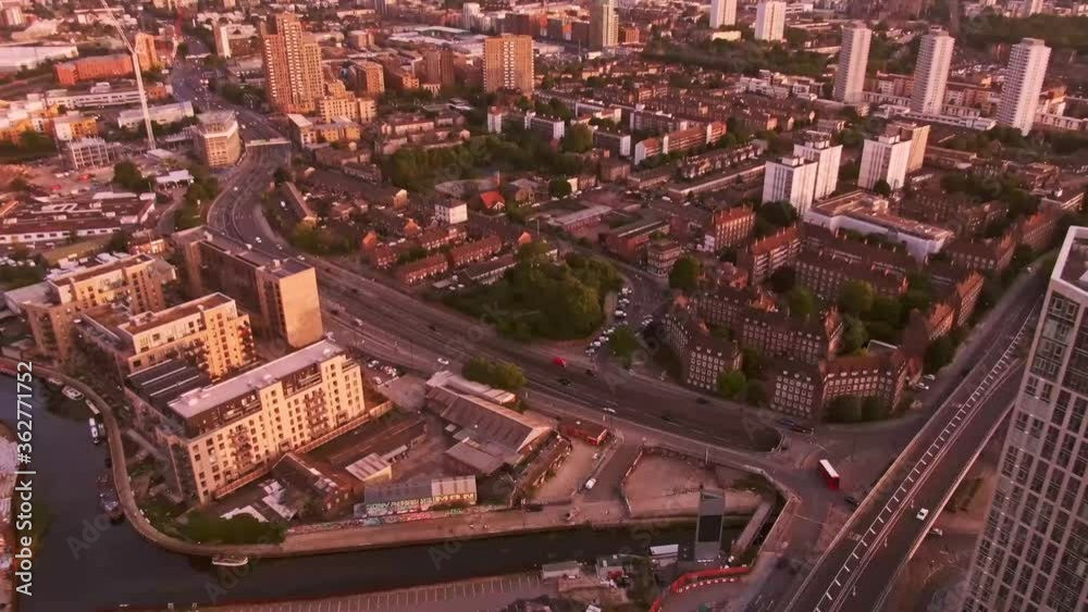 London Sunset Traffic canary wharf London red bus drone