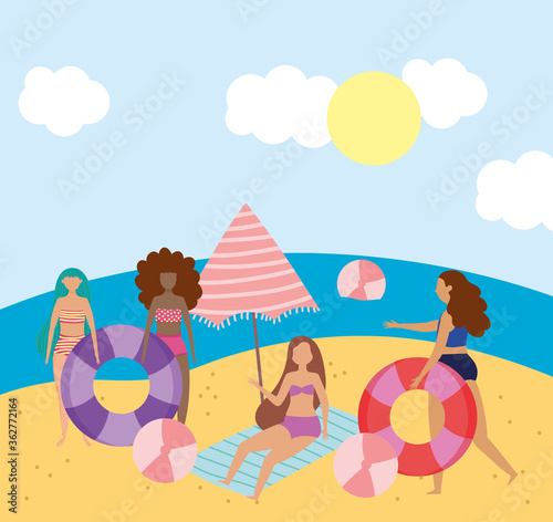 summer people activities, group girls balls umbrella and float, seashore relaxing and performing leisure outdoor