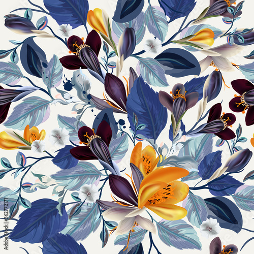 Elegant vintage vector seamless floral pattern with crocus flowers and blue leaves