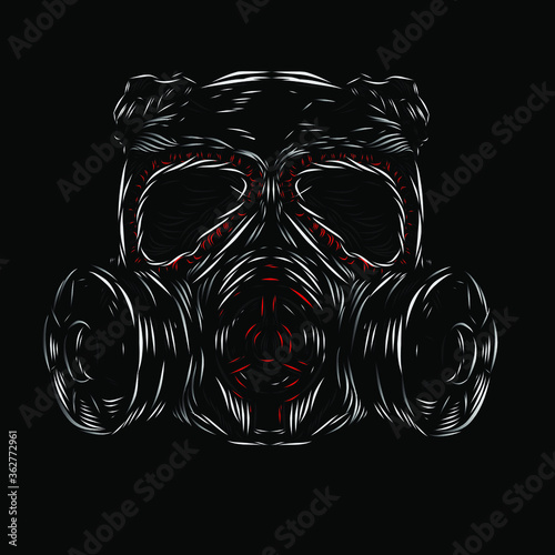 the gas mask line pop art potrait logo colorful design with dark background. Isolated black background for t-shirt, poster, clothing, merch, apparel, badge design photo