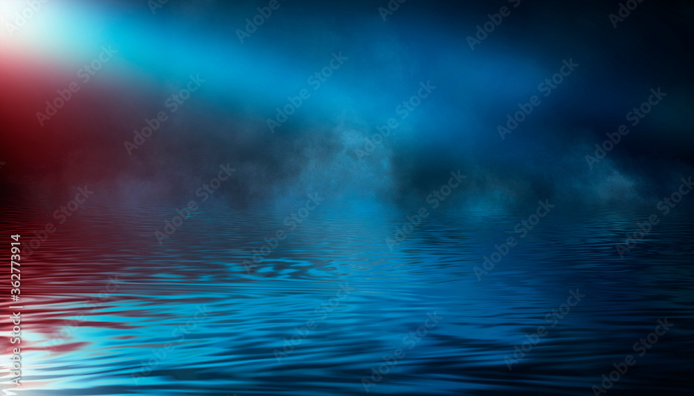 Dark modern futuristic neon background. Rays and lines of light. Night view of an empty scene with neon lights. Reflection in the water of bright light. 