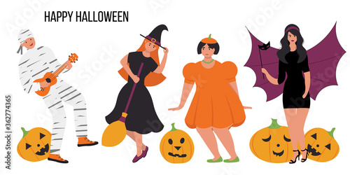 Halloween card and invitation.  Set of people in fancy dress. Witch, mummy, bat and pumpkin dancing on party of 31 october.  Vector illustration in flat style. 