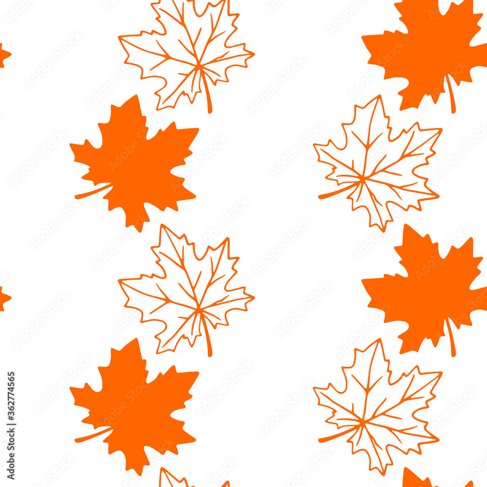 Seamless pattern of orange contoured silhouette maple leaves isolated on a white background. Simple vector texture for fabric, invitations, home textiles. Concept of autumn, forest, leaf fall Seamless pattern of orange contoured silhouette maple leaves isolated on a white background. Simple vector texture for fabric, invitations, home textiles. Concept of autumn, forest, leaf fall