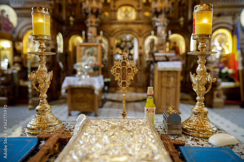 Details with accessories in an Orthodox Church needed for an Orthodox baptism. Baptismal font.