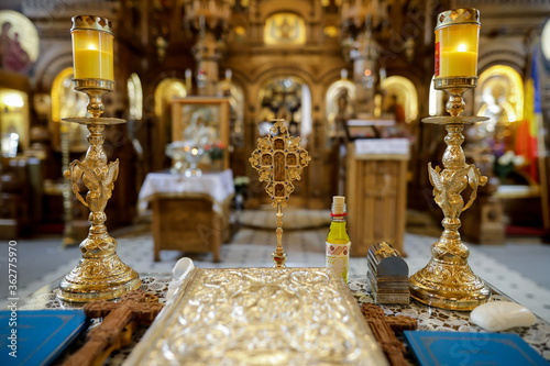 Details with accessories in an Orthodox Church needed for an Orthodox baptism. Baptismal font.