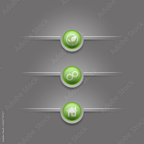 Three web round button positions for website or app with icon. Isolated bell sign button with border, reflection and shadow on background.