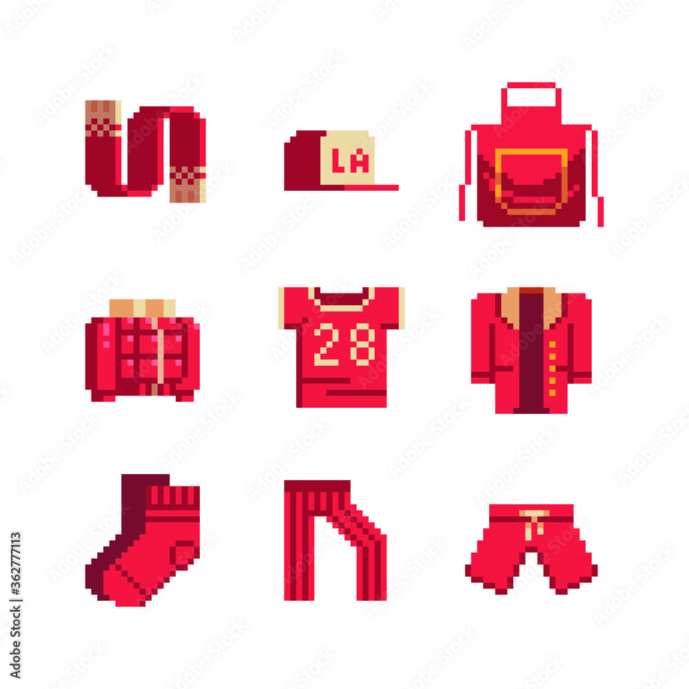 Clothes set. Pixel art style. Knitted design. 8bit sprites. Isolated