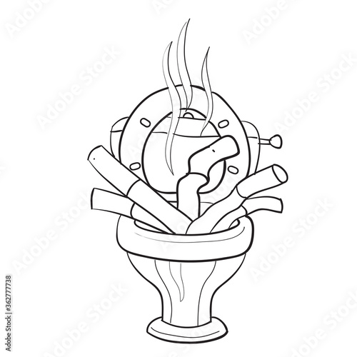 sketch of a toilet bowl which is filled to the top with huge cigarette butts, isolated object on a white background, vector illustration,