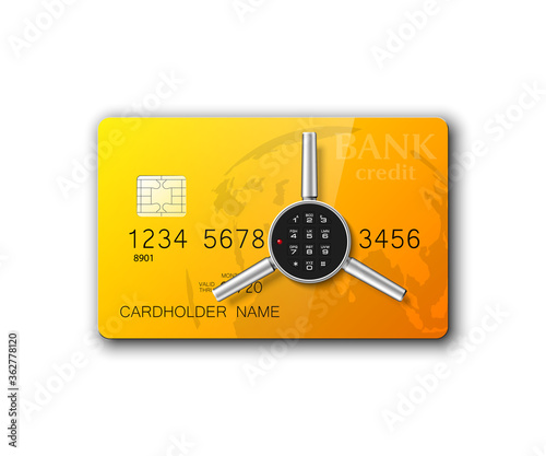 Credit card safe combination lock. Protection credit card. Safety badge banking. Defense finans. Security Plastic card software. Debit card electromagnetic chip Privacy Electronic money funds transfer