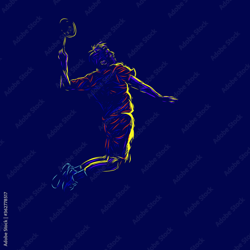 Badminton men smash line pop art potrait logo colorful design with dark background. Abstract vector illustration. Isolated black background for t-shirt, poster, clothing, merch, apparel, badge design