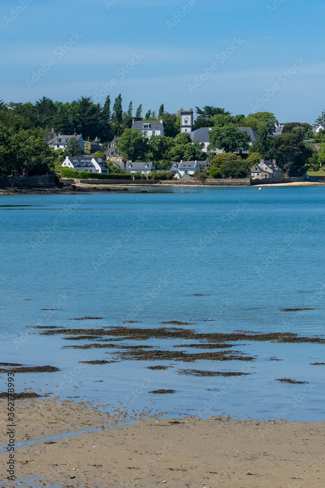 Brittany, Ile aux Moines island in the Morbihan gulf, the church and the Port-Miquel beach
