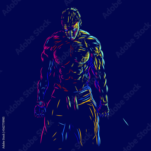 Strong men line pop art potrait logo colorful design with dark background. Abstract vector illustration. Isolated black background for t-shirt, poster, clothing, merch, apparel, badge design