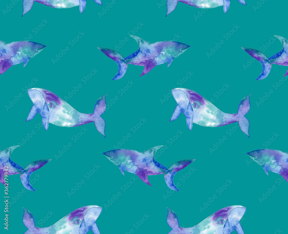 Fototapeta premium Hand Painting Abstract Watercolor Pastel Colors Whale and Shark Sea Creatures Repeating Pattern Isolated Background
