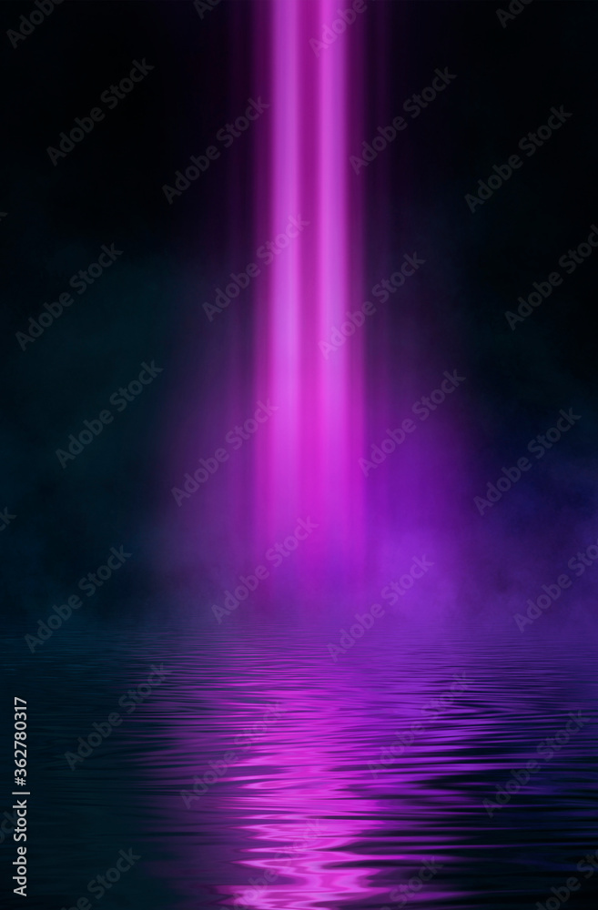 Dark modern futuristic neon background. Rays and lines of light. Night view of an empty scene with neon lights. Reflection in the water of bright light. 3D illustration.